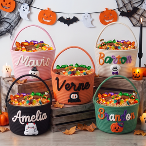 Personalized Halloween Trick-or-Treat Candy Basket | Crochet Cotton Rope Woven Tote