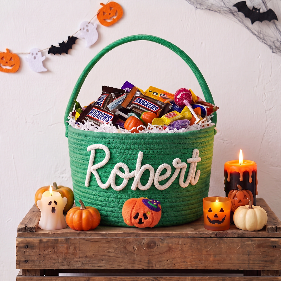 Personalized Halloween Trick-or-Treat Candy Basket | Crochet Cotton Rope Woven Tote