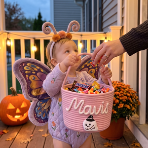 Personalized Halloween Trick-or-Treat Candy Basket | Crochet Cotton Rope Woven Tote