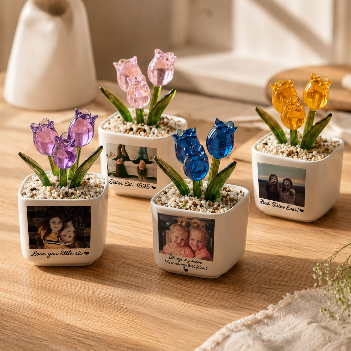 Sister Appreciation Keepsake with Custom Message | Personalized Photo Glass Tulip Flower Pot (GF-30)