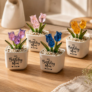 Mom Birthday Glass Flower Planter | Personalized Glass Tulip Flower Pot (GF-14)