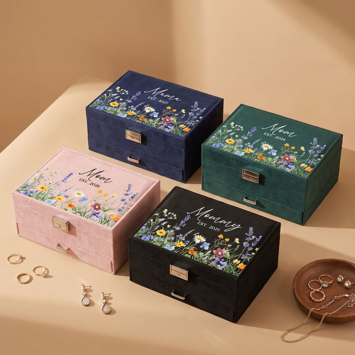 Personalized Wildflower Jewelry Box for Mom | New Mom Gift | Custom Velvet Jewelry Storage (JS-12)