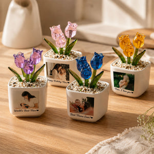 Personalized Photo Glass Tulip Flower Pot with Custom Text for Mom (GF-11)