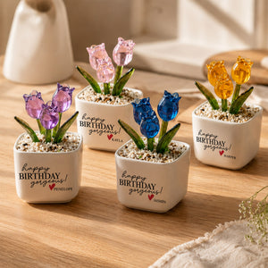 Personalized Happy Birthday Glass Tulip Flower Pot | Custom Name Mini Ceramic Planter(GF-20)