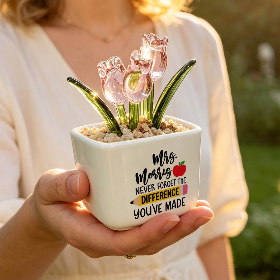 Personalized Glass Tulip Flower Pot for Teacher | Custom Teacher Christmas Keepsake (GF-8)