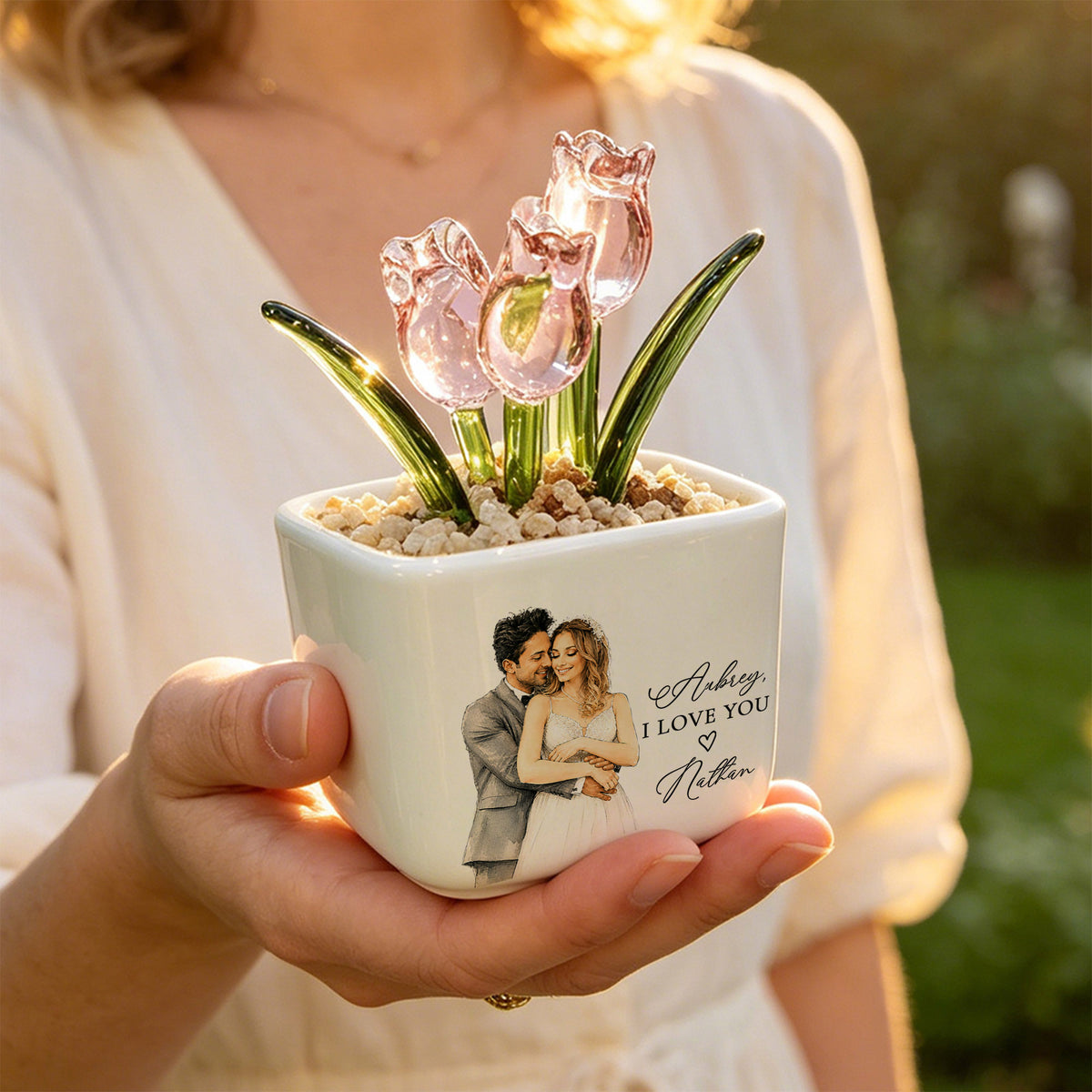 Custom Portrait Anniversary Gift for Her | Personalized Glass Flower Planter (GF-4)