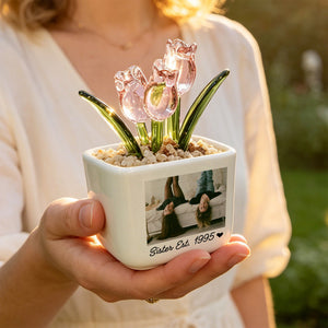 Sister Appreciation Keepsake with Custom Message | Personalized Photo Glass Tulip Flower Pot (GF-30)