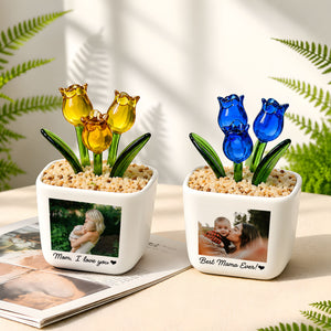 Personalized Photo Glass Tulip Flower Pot with Custom Text for Mom (GF-11)