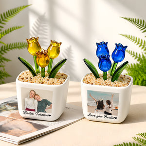 Bestie Portrait Gift | Personalized Photo Glass Tulip Flower Pot for Best Friend | Custom Mini Planter Keepsake(GF-31)