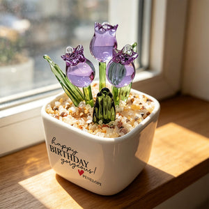 Personalized Happy Birthday Glass Tulip Flower Pot | Custom Name Mini Ceramic Planter(GF-20)