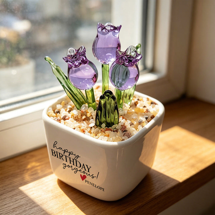 Personalized Happy Birthday Glass Tulip Flower Pot | Custom Name Mini Ceramic Planter(GF-20)