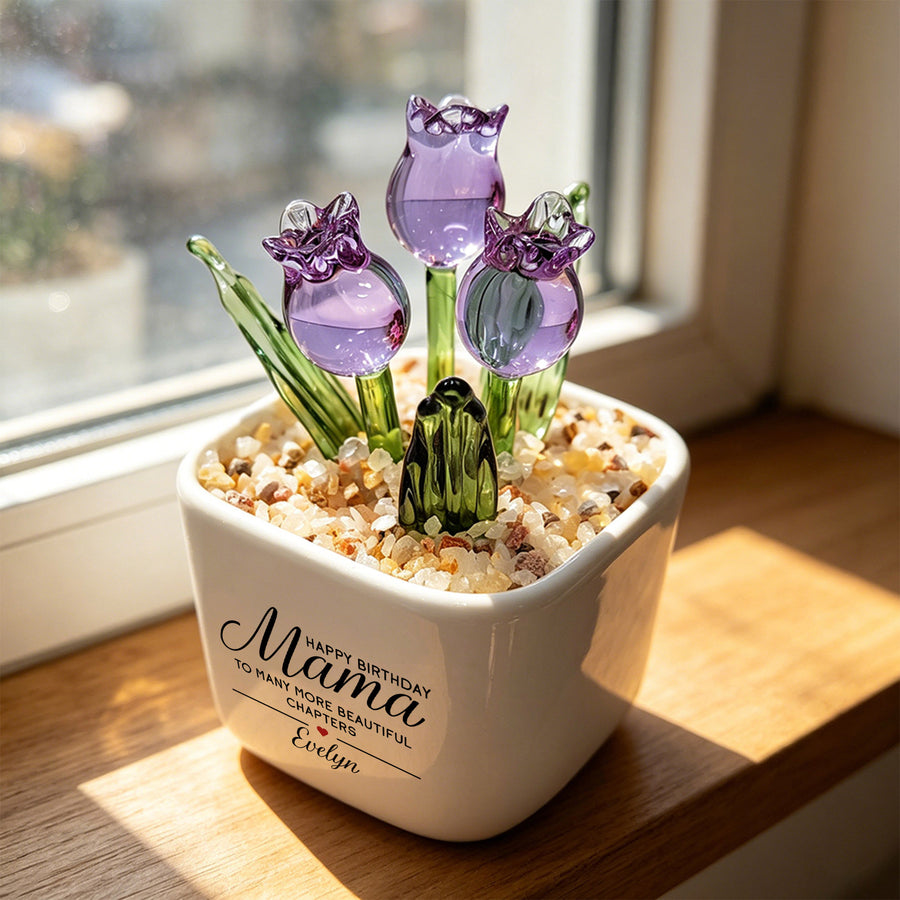 Personalized Glass Tulip Flower Pot for Mama | Custom Name Birthday Mini Ceramic Planter(GF-15)