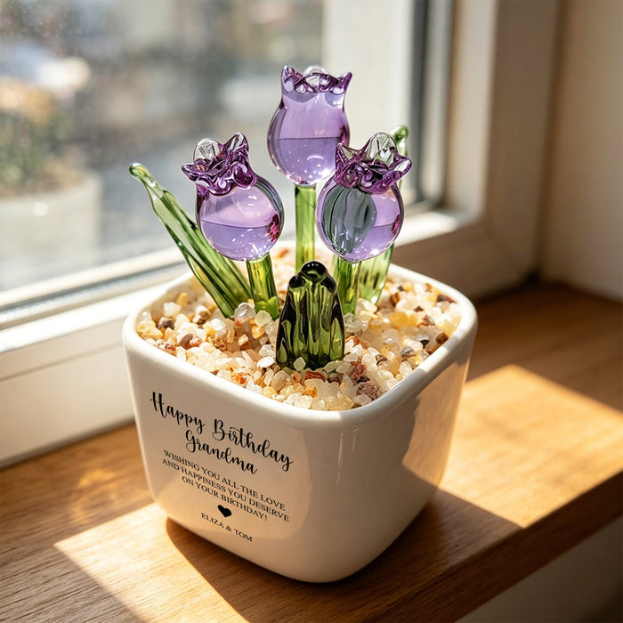 Custom Birthday Gift for Grandma | Personalized Glass Tulip Flower Pot for Nana (GF-18)