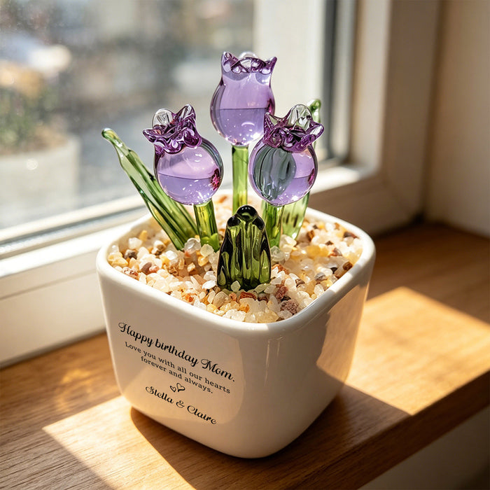 Personalized Glass Tulip Flower Pot with Custom Message for Mom(GF-16)