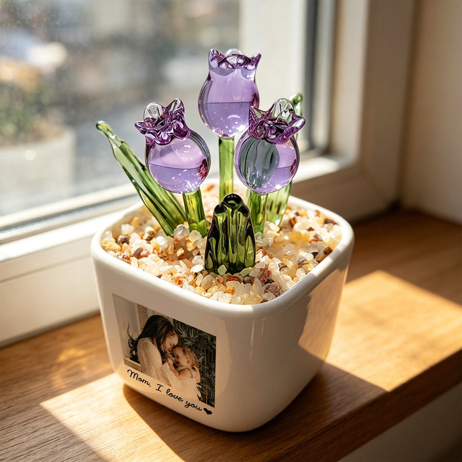 Personalized Photo Glass Tulip Flower Pot with Custom Text for Mom (GF-11)