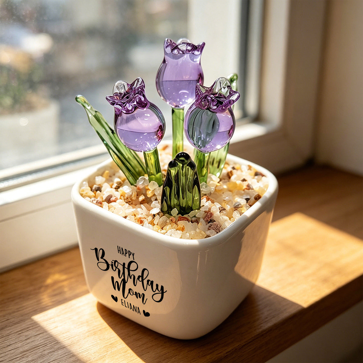 Mom Birthday Glass Flower Planter | Personalized Glass Tulip Flower Pot (GF-14)