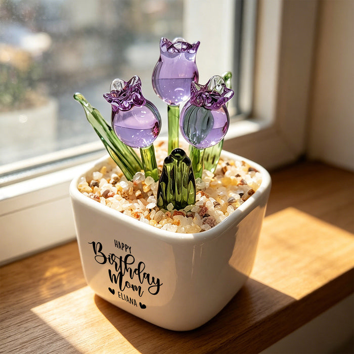 Mom Birthday Glass Flower Planter | Personalized Glass Tulip Flower Pot (GF-14)