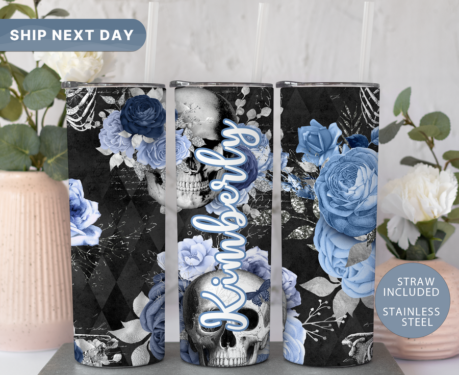 Skull Tumbler, Floral Skull Skinny Tumbler, Personalized Halloween Tumbler, Custom Skeleton Tumbler, Gothic Tumbler, (TM-29BLUE)