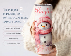Snowman Tumbler, Christmas 20oz Skinny Tumbler for Her, Winter Tumbler Cup, Pink Snowman Tumbler, (TM-187)