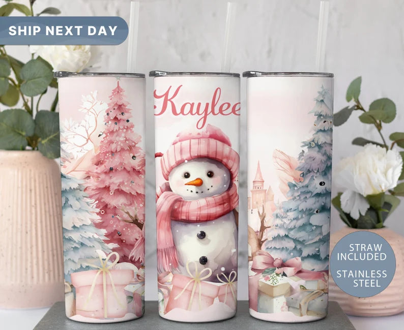 Snowman Tumbler, Christmas 20oz Skinny Tumbler for Her, Winter Tumbler Cup, Pink Snowman Tumbler, (TM-187)