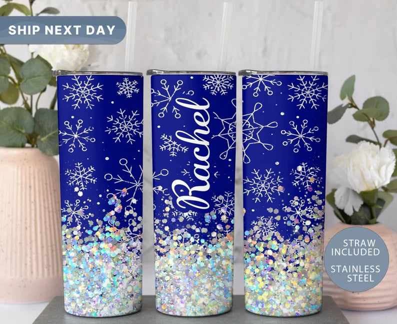 Snowfall Glitter Personalized Tumbler, Magical Christmas Tumbler Cup with Name, Snowflake 20oz Tumbler, (TM-204)