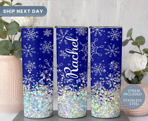 Snowfall Glitter Personalized Tumbler, Magical Christmas Tumbler Cup with Name, Snowflake 20oz Tumbler, (TM-204)